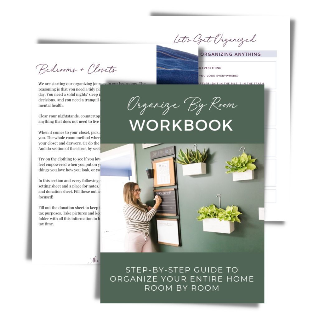 organize by room workbook cover, and two inside pages including a checklist
