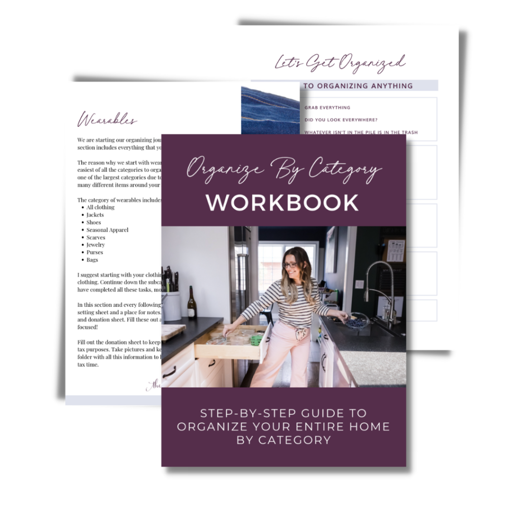 three pages of the organize by category workbook including checklist